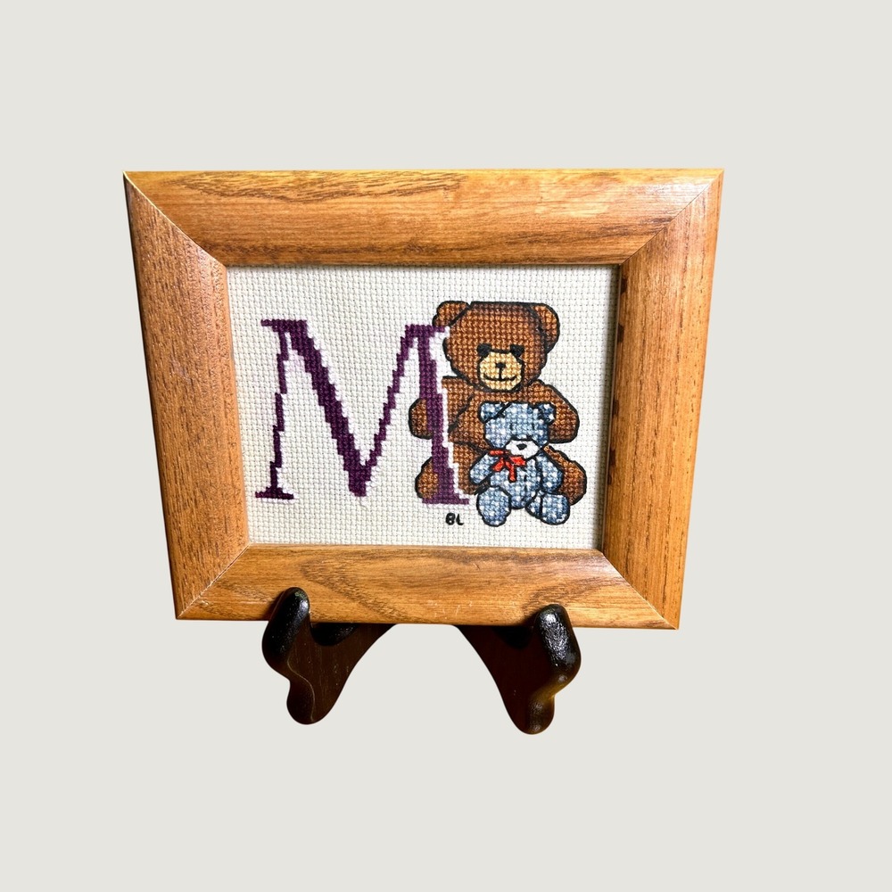 Vtg Handmade Cross Stitch Framed Art M Teddy Bear Wood 7x6 Nursery Cottagecore